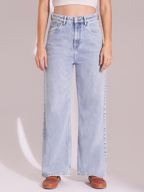 globus women light blue cotton high rise straight fit jeans - 21704445 - Standard Image - 0