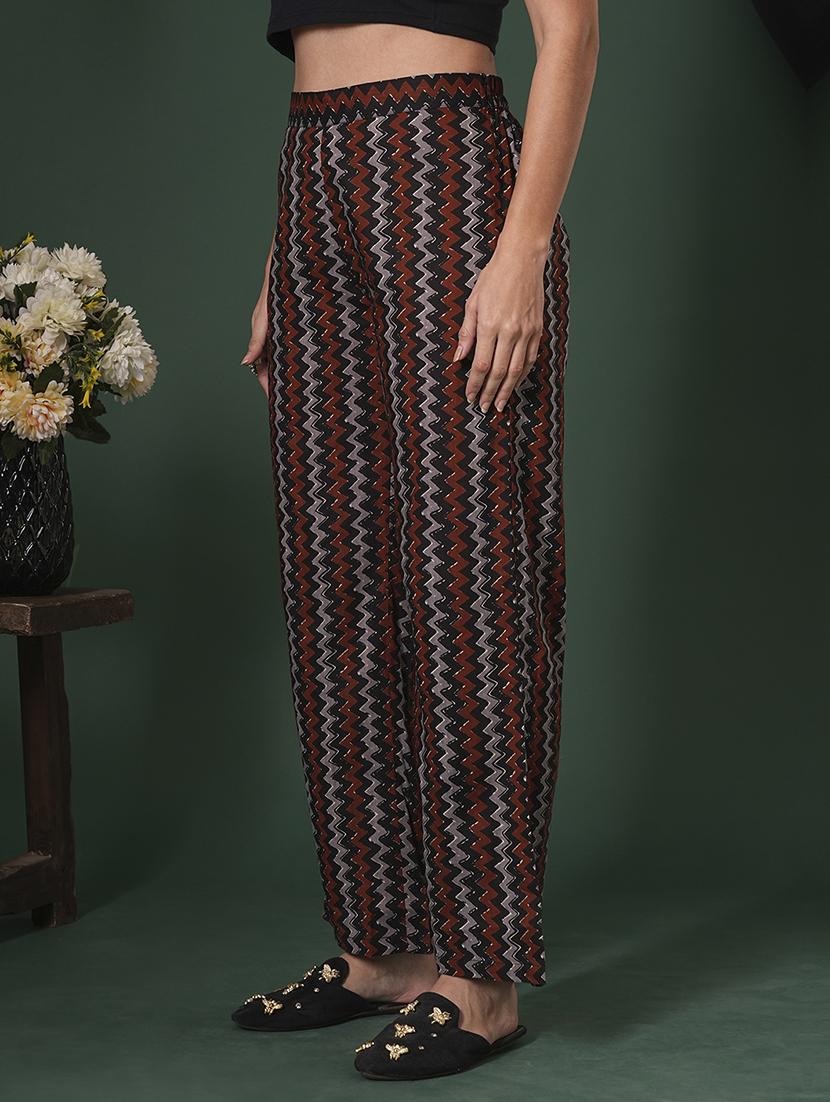 globus women black cotton chevron print mid-rise ethnic parallel trousers - 21704446 - Standard Image - 1