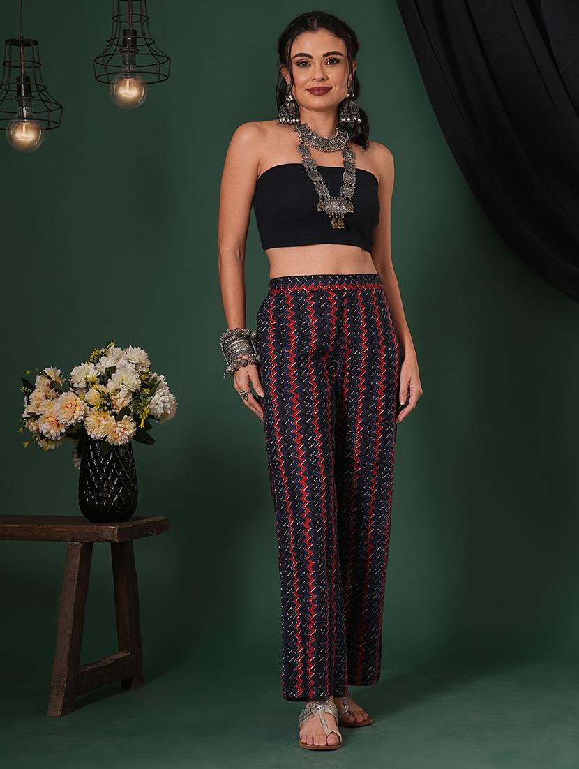 globus women blue cotton chevron print mid-rise ethnic parallel trousers - 21704447 - Standard Image - 4