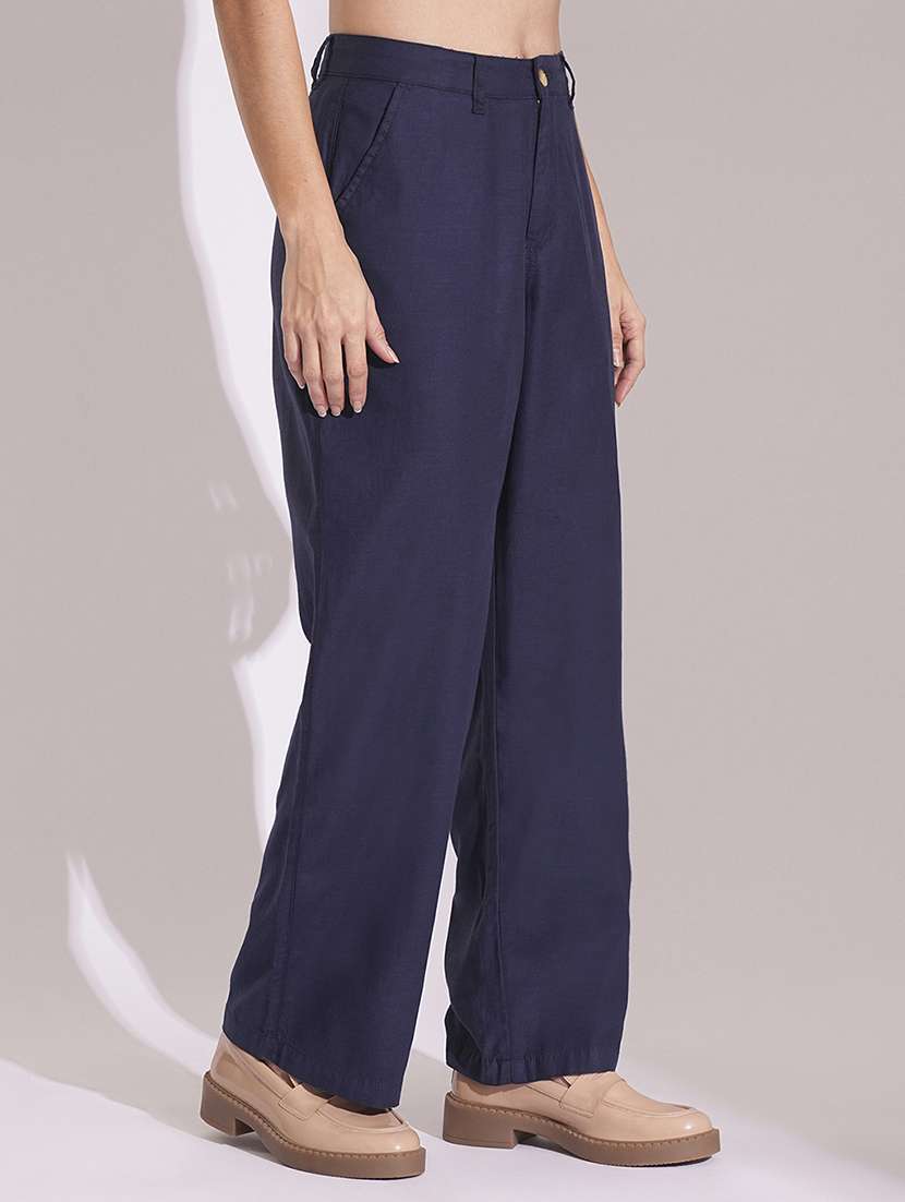 globus women navy cotton high-rise wide leg formal trousers - 21704449 -  Standard Image - 1
