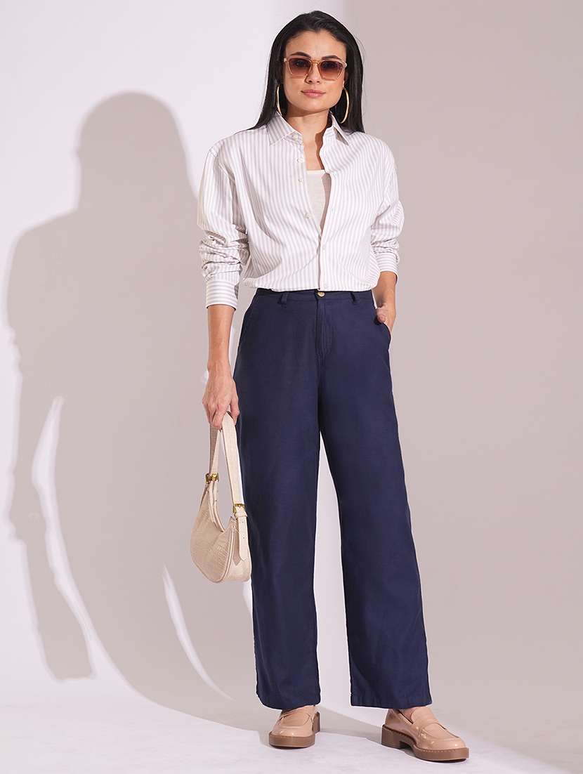 globus women navy cotton high-rise wide leg formal trousers - 21704449 -  Standard Image - 4