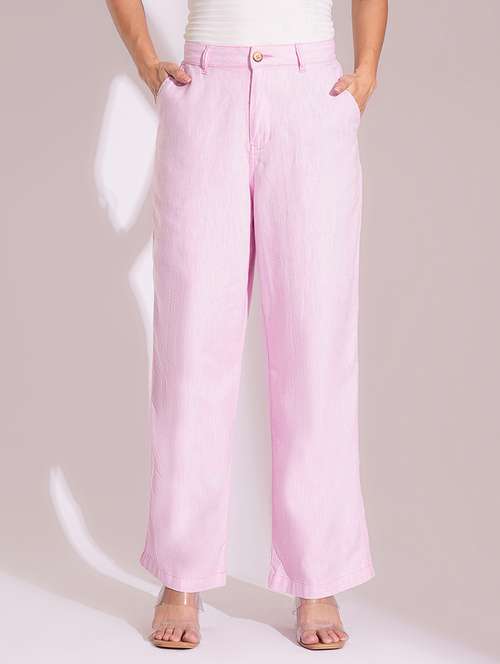 globus women light pink cotton high-rise wide leg formal trousers - 21704450 -  Standard Image - 0