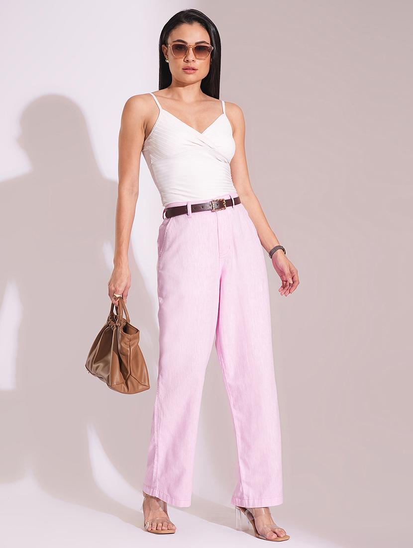 globus women light pink cotton high-rise wide leg formal trousers - 21704450 - Standard Image - 4