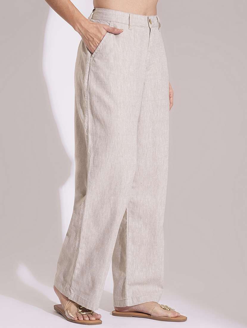 globus women natural cotton high-rise wide leg formal trousers - 21704451 -  Standard Image - 1