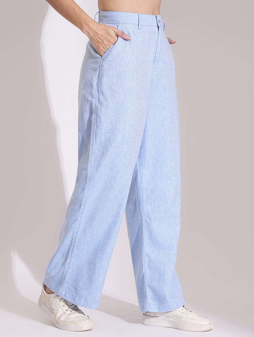 globus women light blue cotton high-rise wide leg formal trousers - 21704452 -  Standard Image - 1