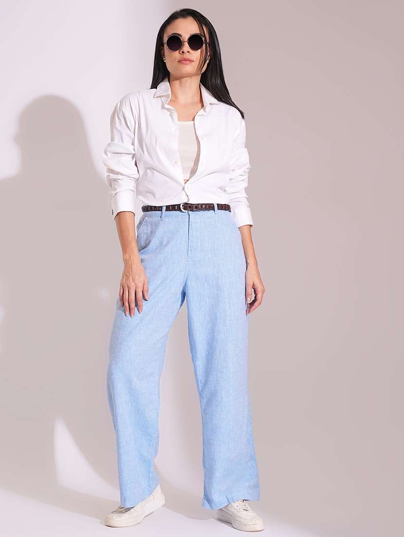 globus women light blue cotton high-rise wide leg formal trousers - 21704452 - Standard Image - 4