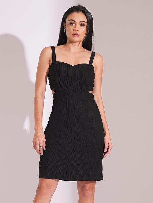 globus women black self design sweetheart neck strappy shoulder waist cut-out detail sheath party dress - 21704455 -  Standard Image - 0