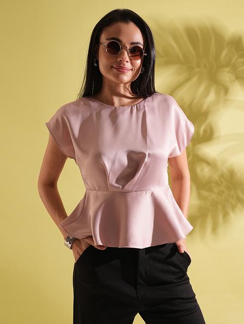 globus women pink satin round neck extended sleeves peplum work wear top - 21704460 - Standard Image - 0