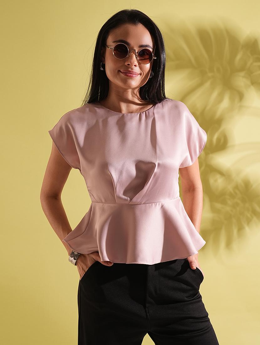 globus women pink satin round neck extended sleeves peplum work wear top - 21704460 - Zoom Image - 0