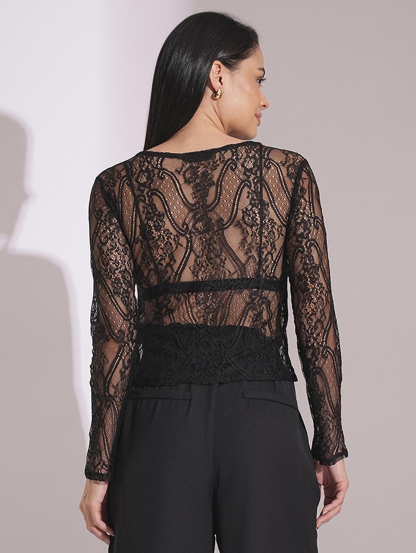 globus women black boat neck self design floral lace long sleeve party top - 21704465 -  Standard Image - 1