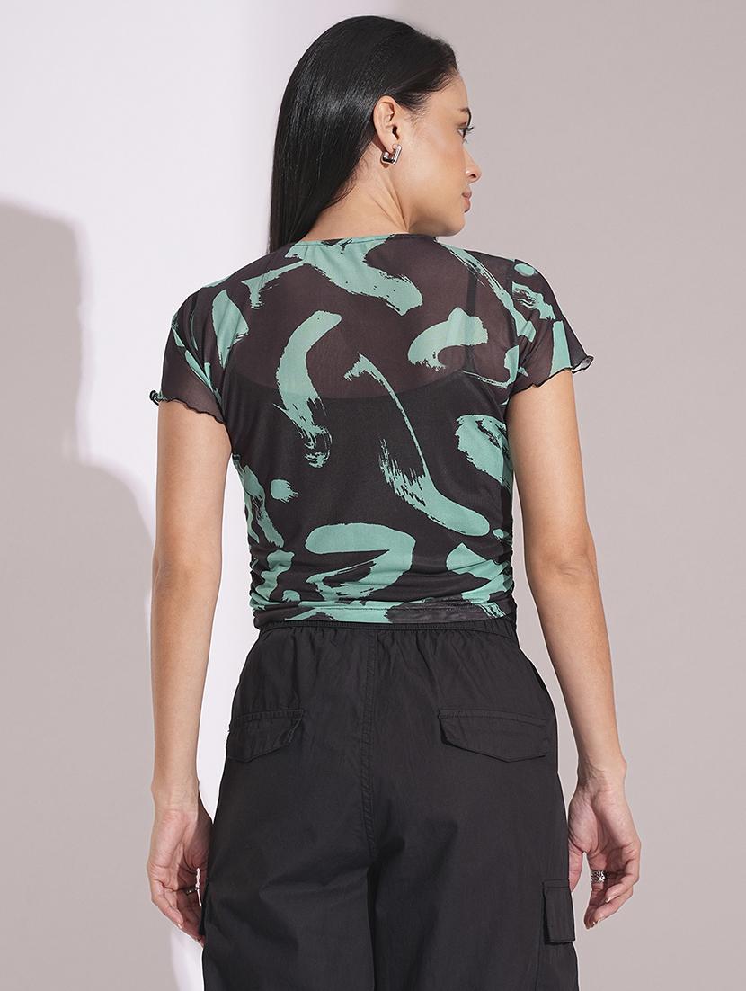 globus women green abstract print short sleeves semi sheer ruched party top - 21704468 - Standard Image - 1