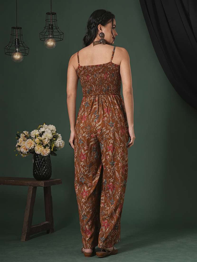 globus women mustard square neck adjustable strappy shoulder smocked floral print fusion jumpsuit - 21704471 -  Standard Image - 1