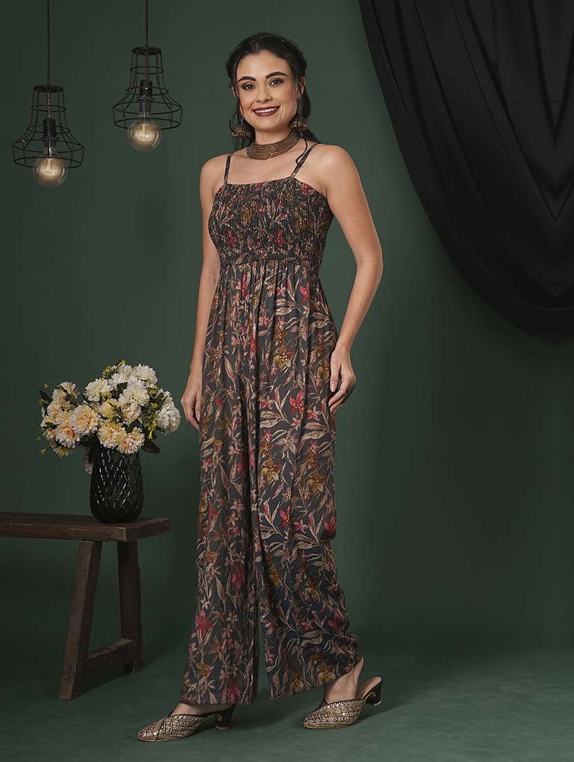 globus women grey square neck adjustable strappy shoulder smocked floral print fusion jumpsuit - 21704472 -  Standard Image - 1
