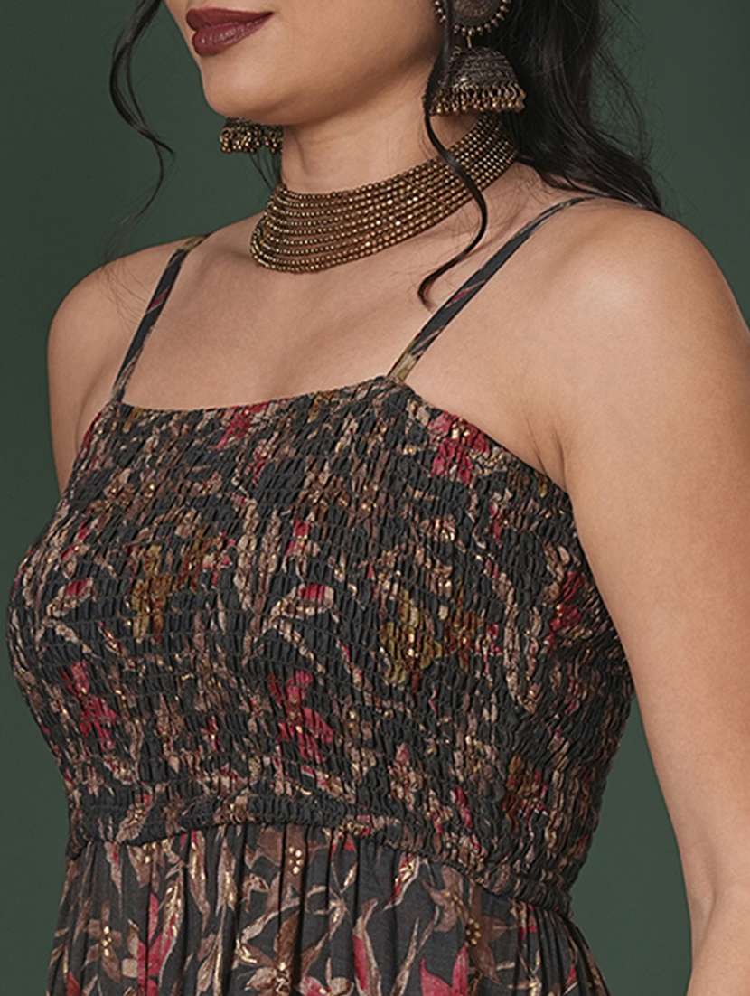 globus women grey square neck adjustable strappy shoulder smocked floral print fusion jumpsuit - 21704472 -  Standard Image - 4