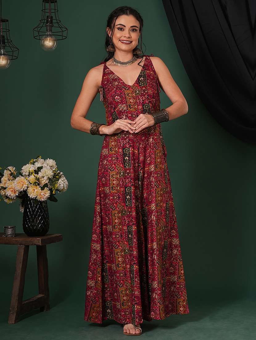 globus women maroon v-neck tassel tie-up shoulder straps ethnic floral print flared fusion jumpsuit