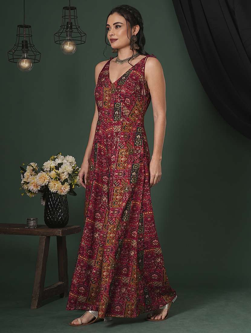 globus women maroon v-neck tassel tie-up shoulder straps ethnic floral print flared fusion jumpsuit - 21704473 - Standard Image - 1
