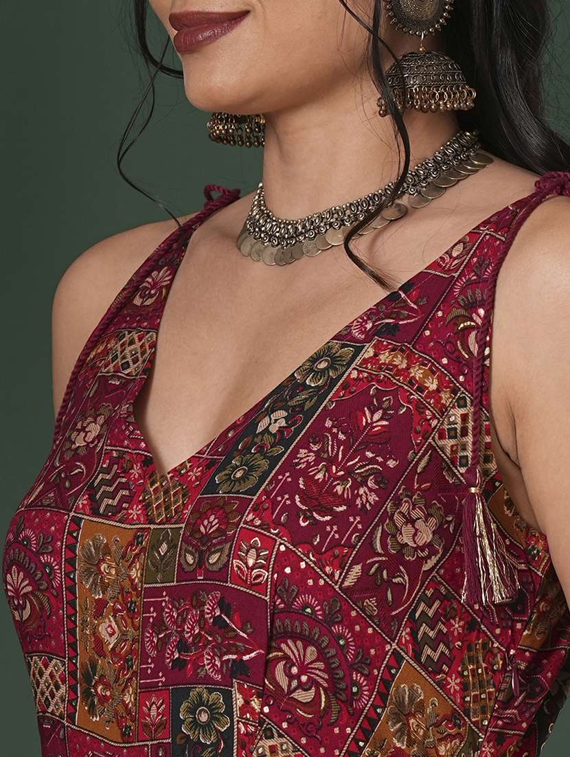 globus women maroon v-neck tassel tie-up shoulder straps ethnic floral print flared fusion jumpsuit - 21704473 - Standard Image - 4
