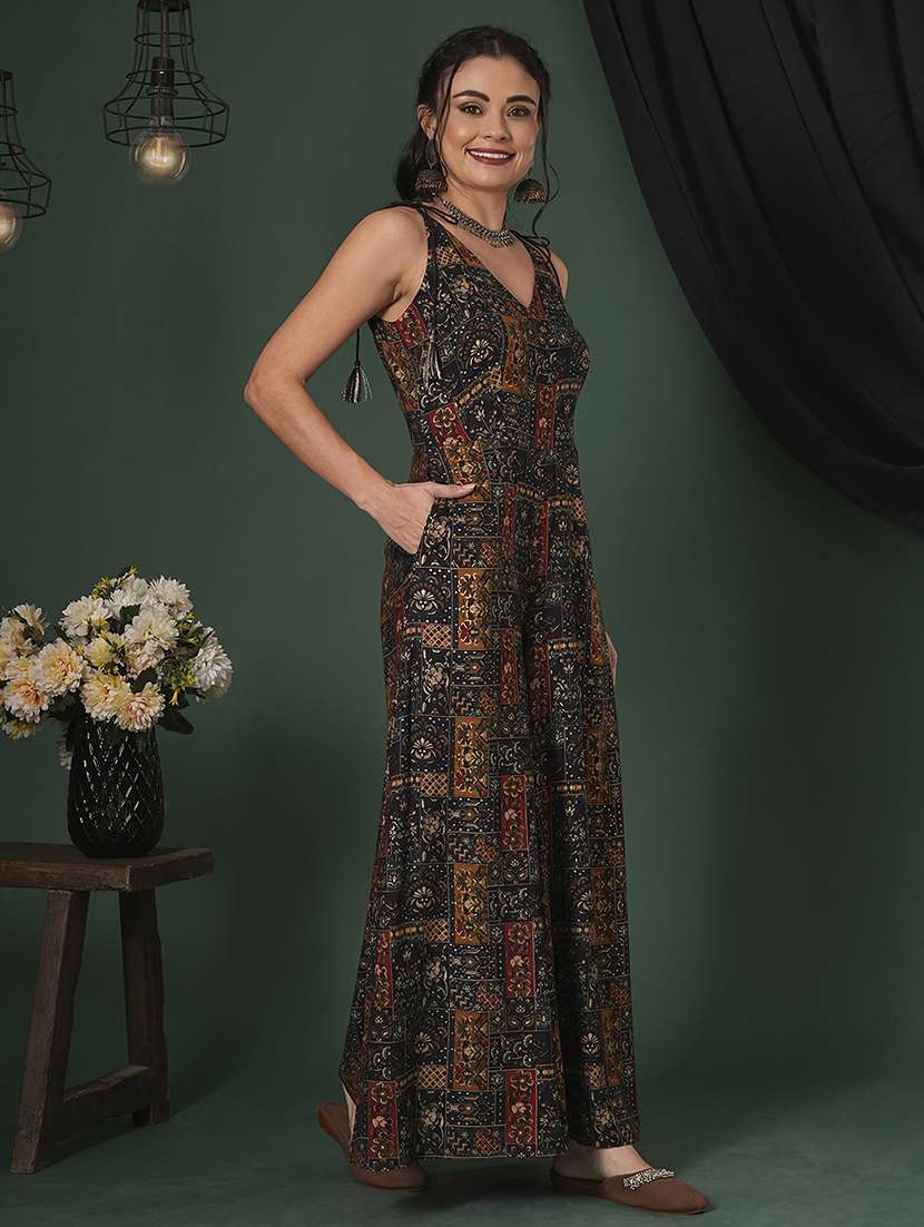 globus women blue v-neck tassel tie-up shoulder straps ethnic floral print flared fusion jumpsuit - 21704474 - Standard Image - 1