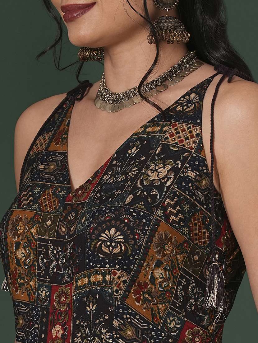 globus women blue v-neck tassel tie-up shoulder straps ethnic floral print flared fusion jumpsuit - 21704474 - Standard Image - 4