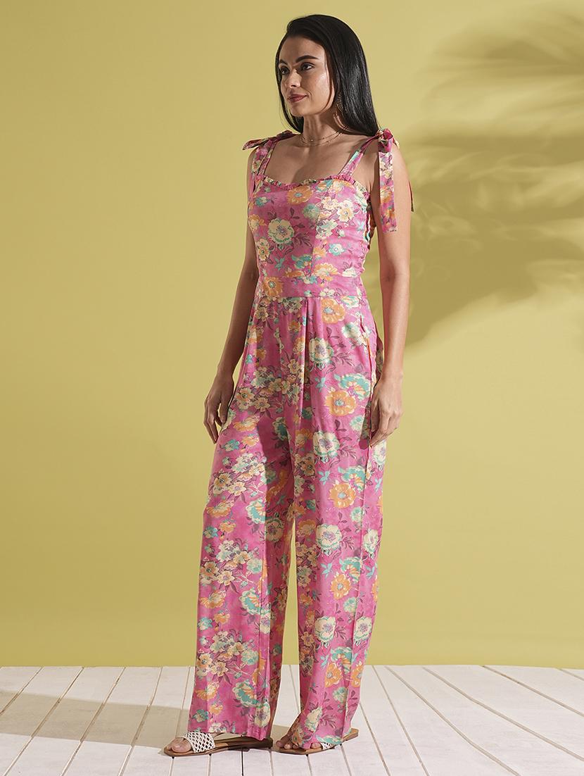 globus women pink frill detail sweetheart neck tie-up strappy shoulder floral print fusion jumpsuit - 21704475 - Standard Image - 1