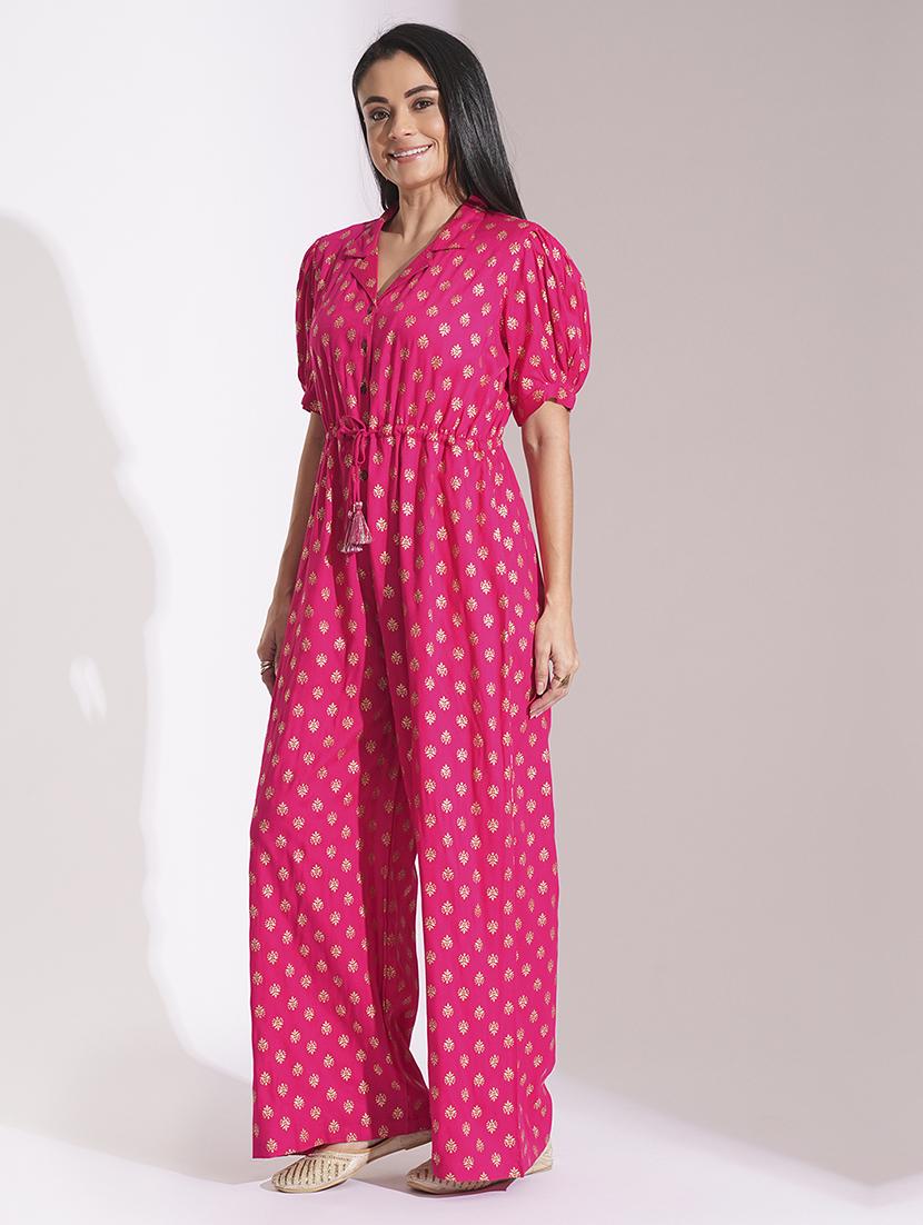 globus women pink notched lapel puff sleeves gold foil ethnic print waist tie-up tassel detail fusion jumpsuit - 21704477 -  Standard Image - 1