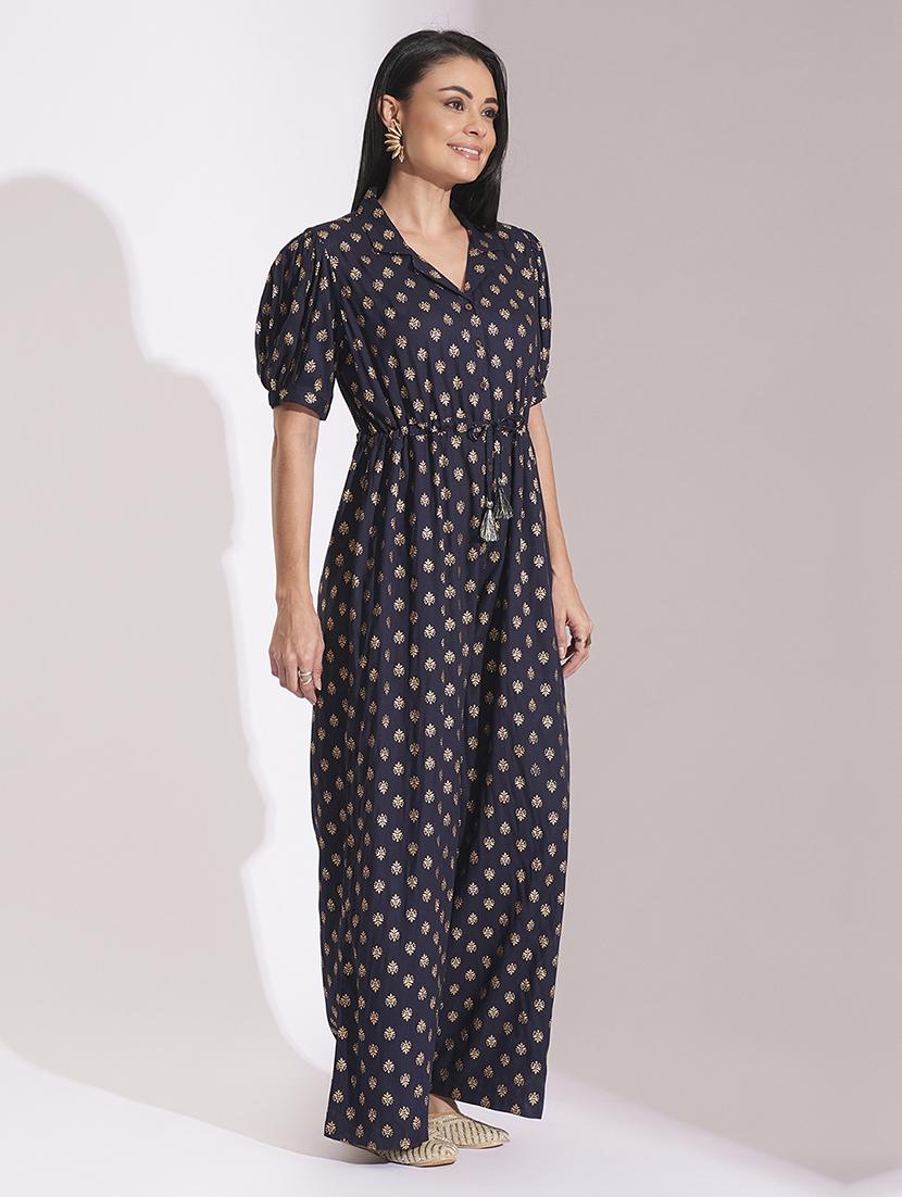 globus women blue notched lapel puff sleeves gold foil ethnic print waist tie-up tassel detail fusion jumpsuit - 21704478 -  Standard Image - 1