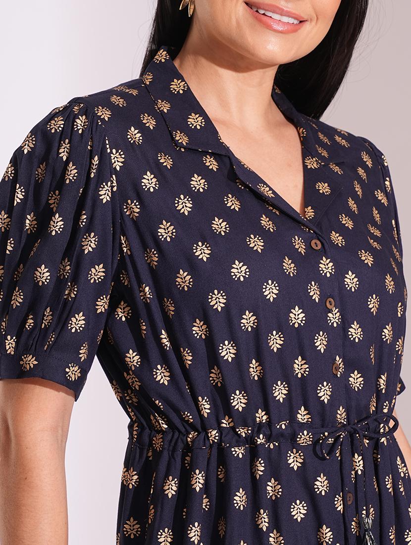 globus women blue notched lapel puff sleeves gold foil ethnic print waist tie-up tassel detail fusion jumpsuit - 21704478 - Standard Image - 4