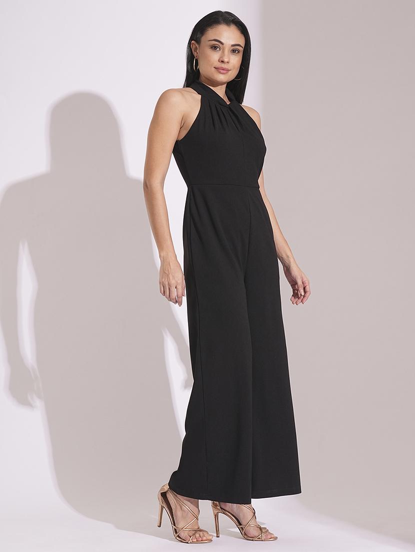 globus women black twisted pleated detail keyhole halter neck wide leg workwear jumpsuit - 21704479 -  Standard Image - 1