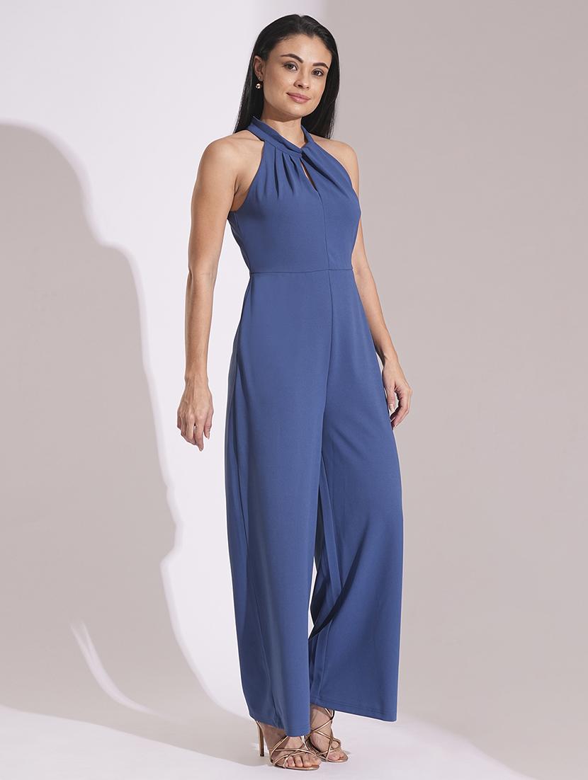globus women blue twisted pleated detail keyhole halter neck wide leg workwear jumpsuit - 21704480 - Standard Image - 1