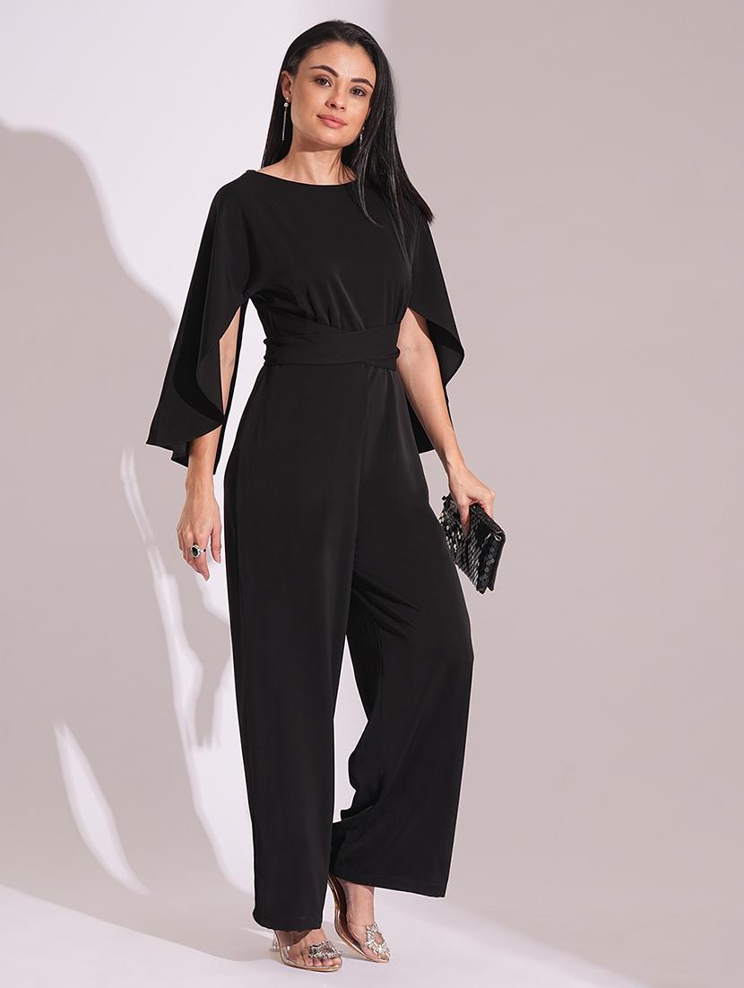 globus women black boat neck cape sleeves criss cross waist tie-up detail satin party jumpsuit