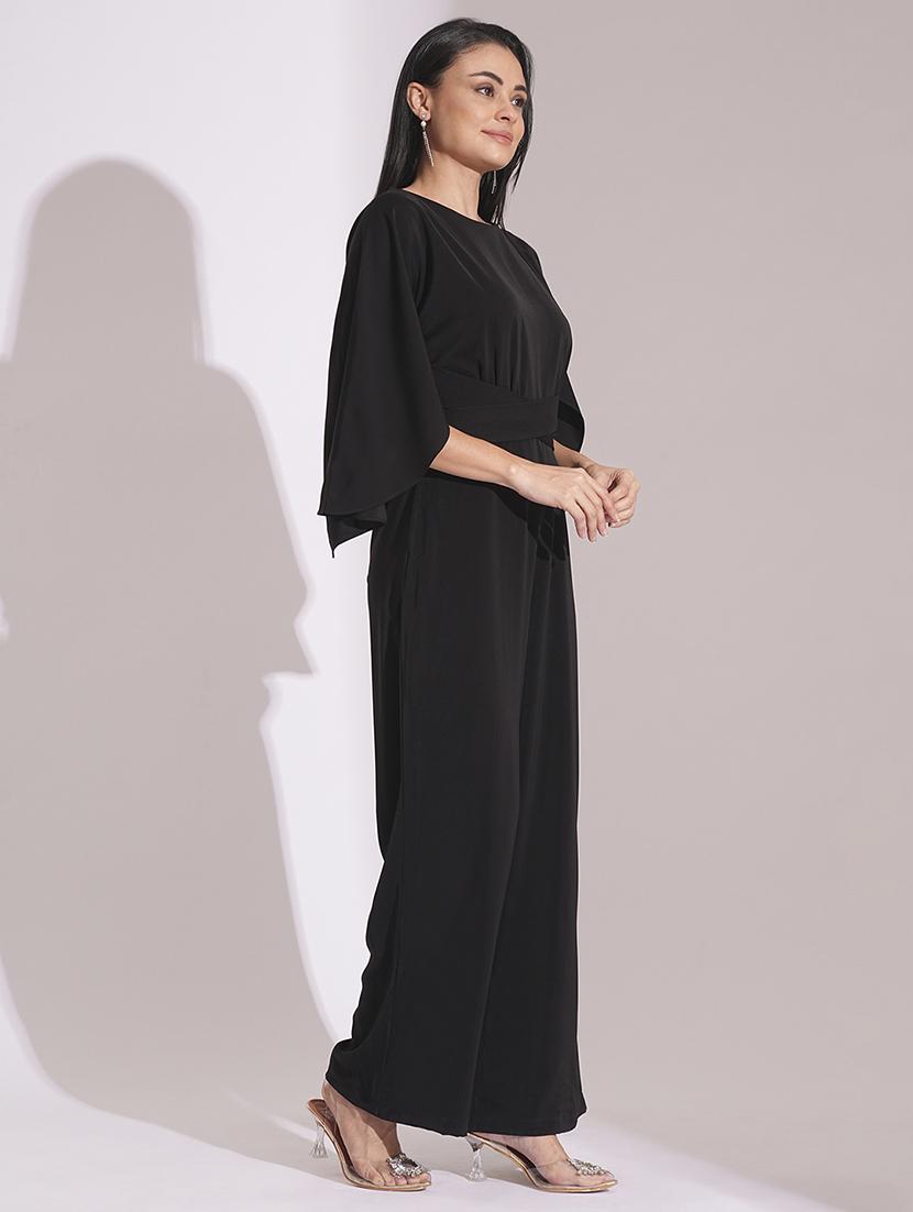 globus women black boat neck cape sleeves criss cross waist tie-up detail satin party jumpsuit - 21704483 -  Standard Image - 1