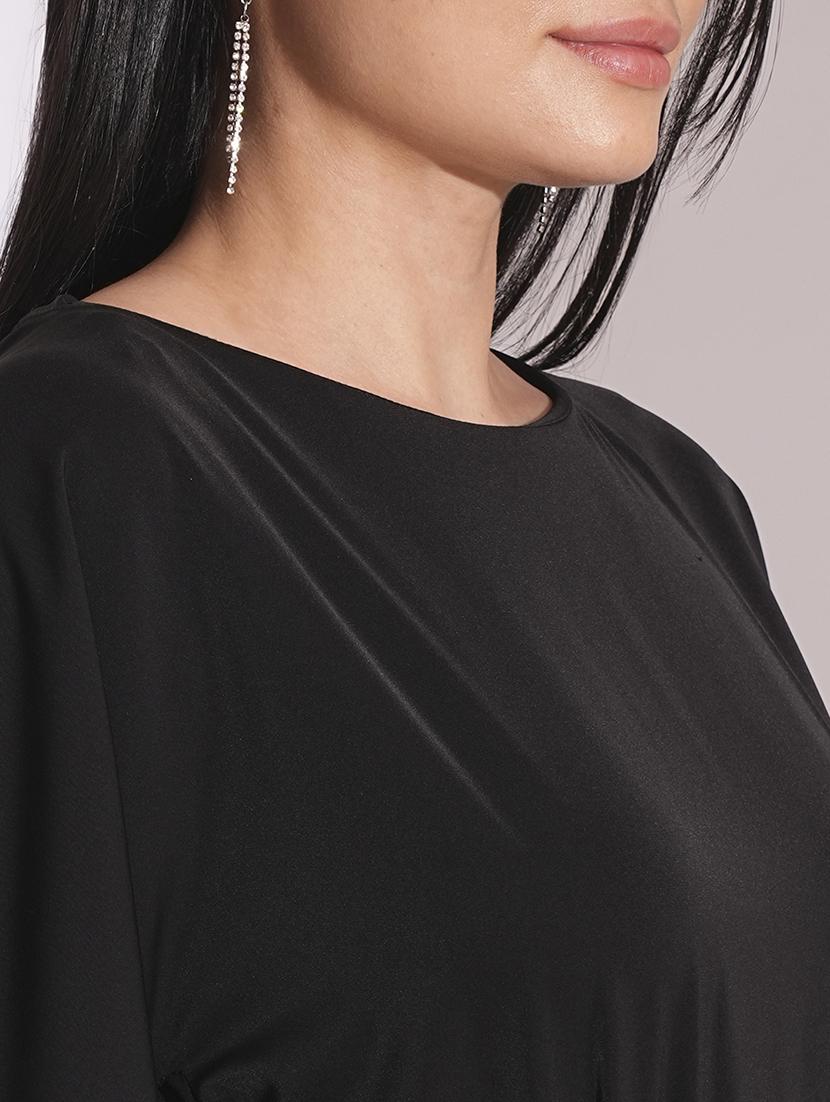 globus women black boat neck cape sleeves criss cross waist tie-up detail satin party jumpsuit - 21704483 - Standard Image - 4