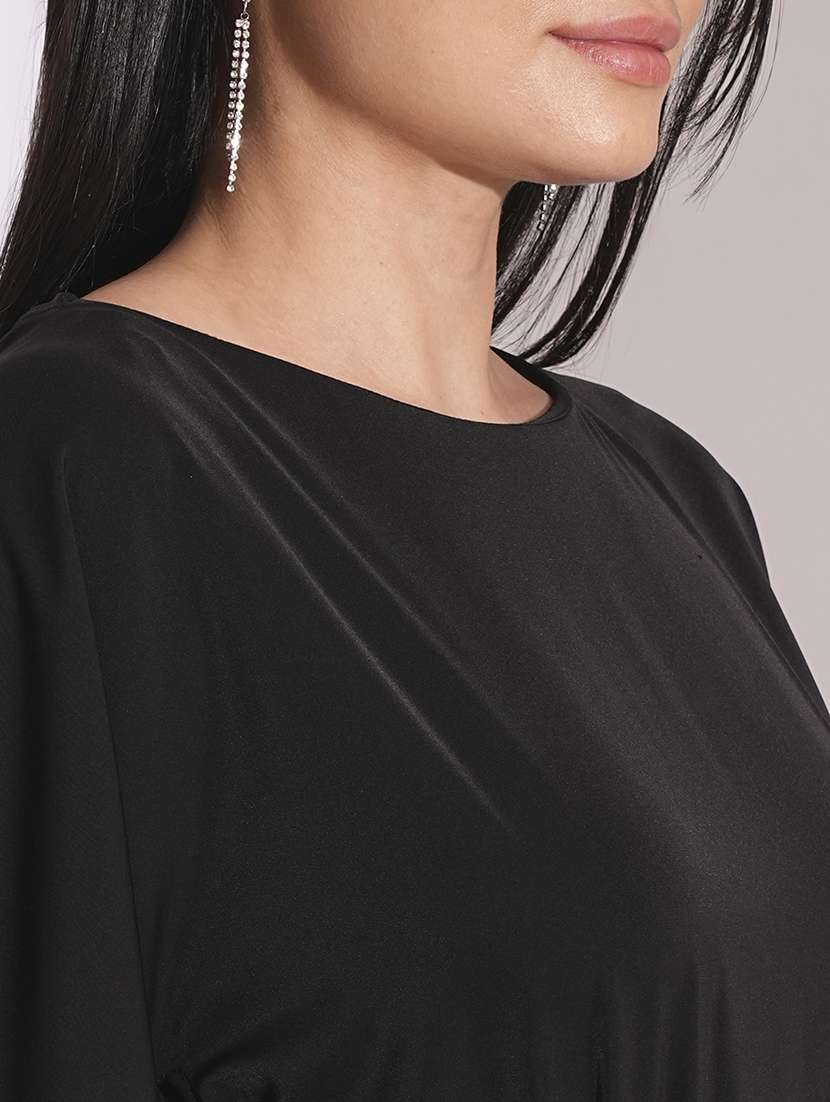 globus women black boat neck cape sleeves criss cross waist tie-up detail satin party jumpsuit - 21704483 -  Standard Image - 4