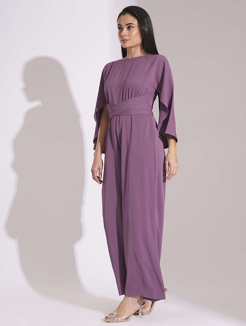 globus women purple boat neck cape sleeves criss cross waist tie-up detail satin party jumpsuit - 21704484 -  Standard Image - 1