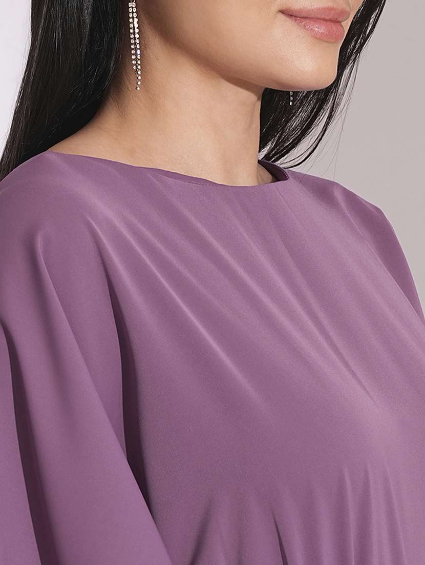 globus women purple boat neck cape sleeves criss cross waist tie-up detail satin party jumpsuit - 21704484 -  Standard Image - 4