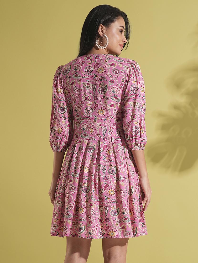 globus women pink v-neck puff sleeves paisley print lace insert pleated a-line fusion dress - 21704491 -  Standard Image - 1