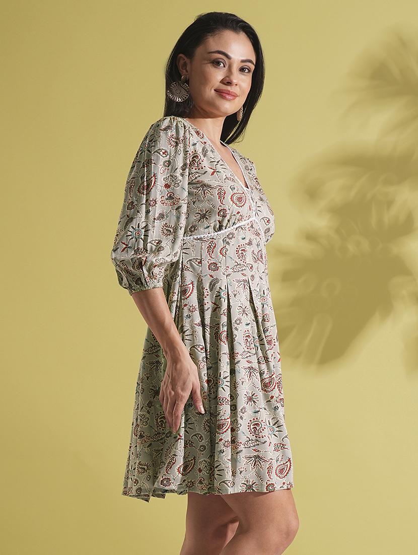 globus women grey v-neck puff sleeves paisley print lace insert pleated a-line fusion dress - 21704492 -  Standard Image - 1