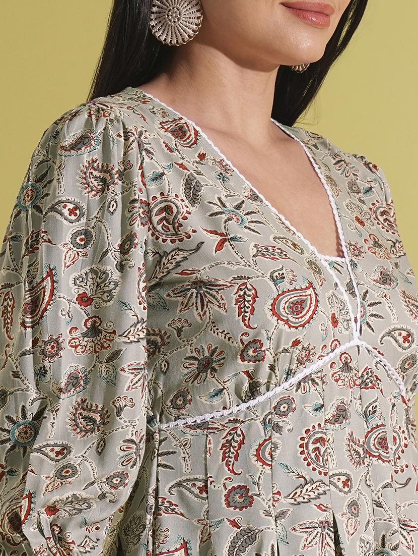globus women grey v-neck puff sleeves paisley print lace insert pleated a-line fusion dress - 21704492 - Standard Image - 4