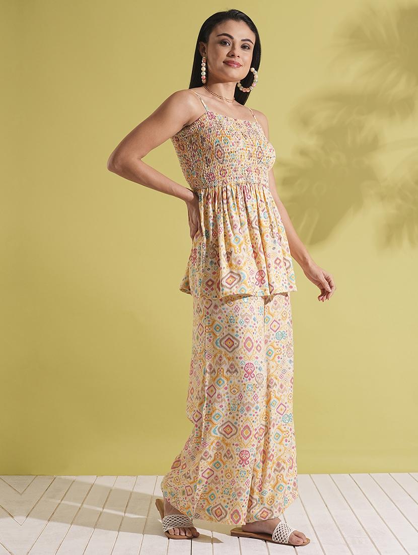 globus women yellow indie print strappy shoulder smocked peplum top & palazzos fusion co-ord set - 21704496 - Standard Image - 1