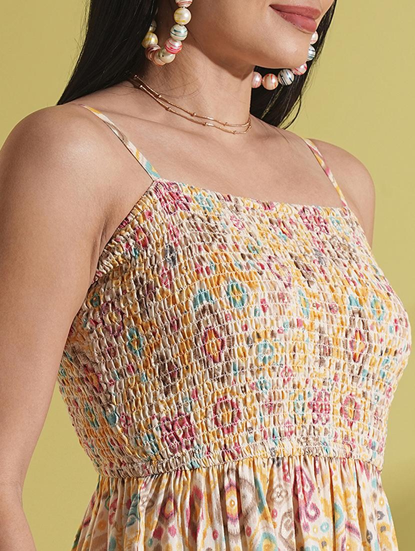 globus women yellow indie print strappy shoulder smocked peplum top & palazzos fusion co-ord set - 21704496 - Standard Image - 4