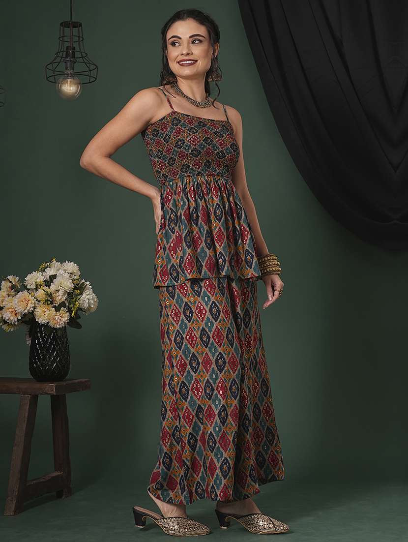 globus women multi-color indie print strappy shoulder smocked peplum top & palazzos fusion co-ord set - 21704497 -  Standard Image - 1