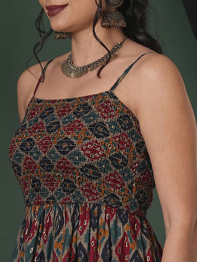 globus women multi-color indie print strappy shoulder smocked peplum top & palazzos fusion co-ord set - 21704497 -  Standard Image - 4