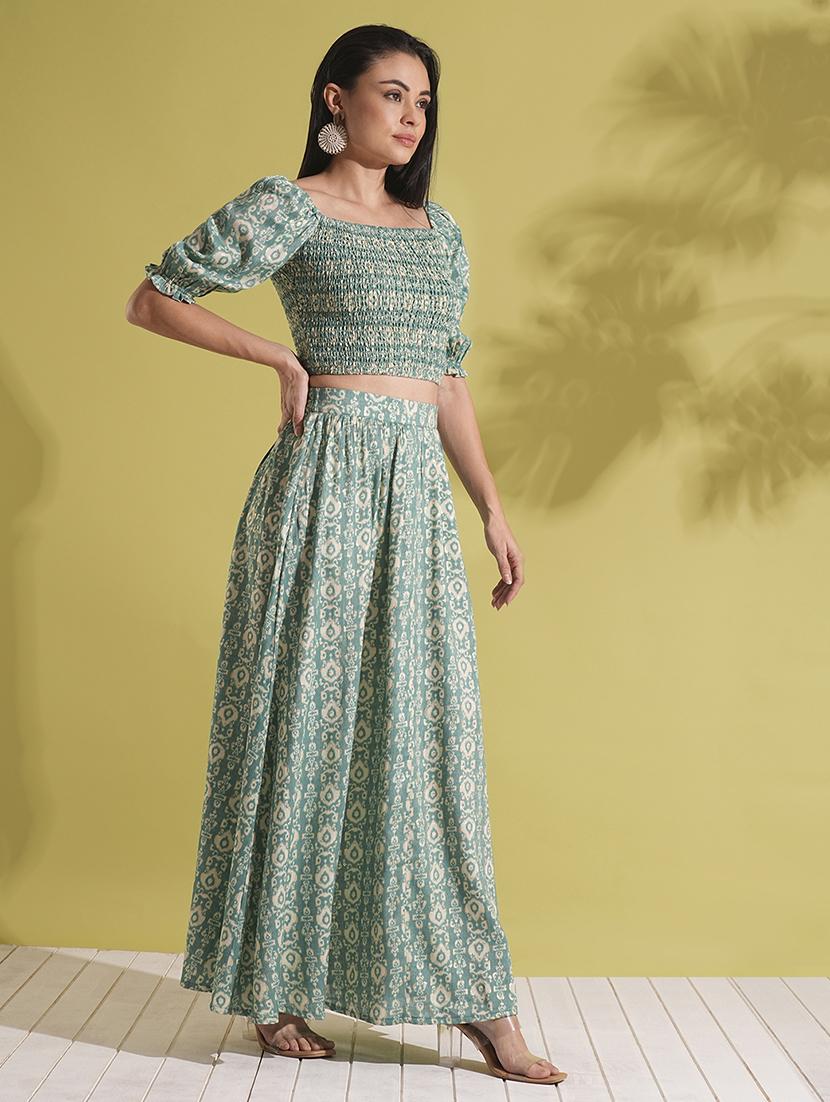 globus women green indie print square neck puff sleeves smocked crop top & maxi skirt fusion co-ord set - 21704498 -  Standard Image - 1