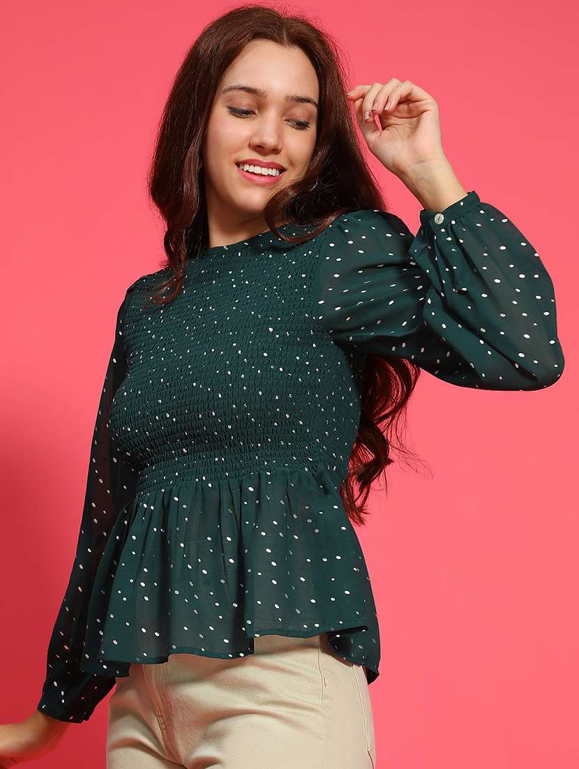 women green printed long sleeve peplum top - 21705425 -  Standard Image - 1