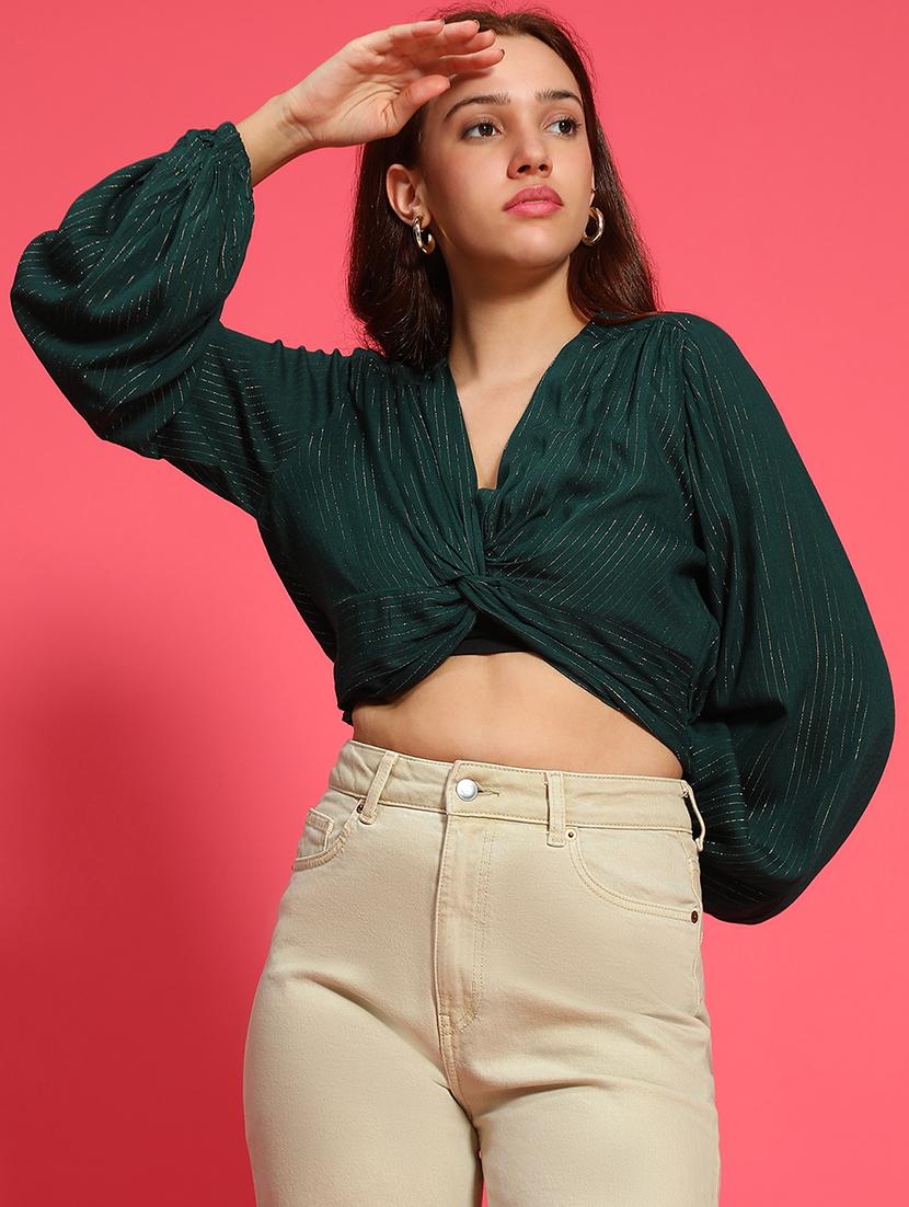 women green self design long sleeve crop top - 21705428 - Zoom Image - 0