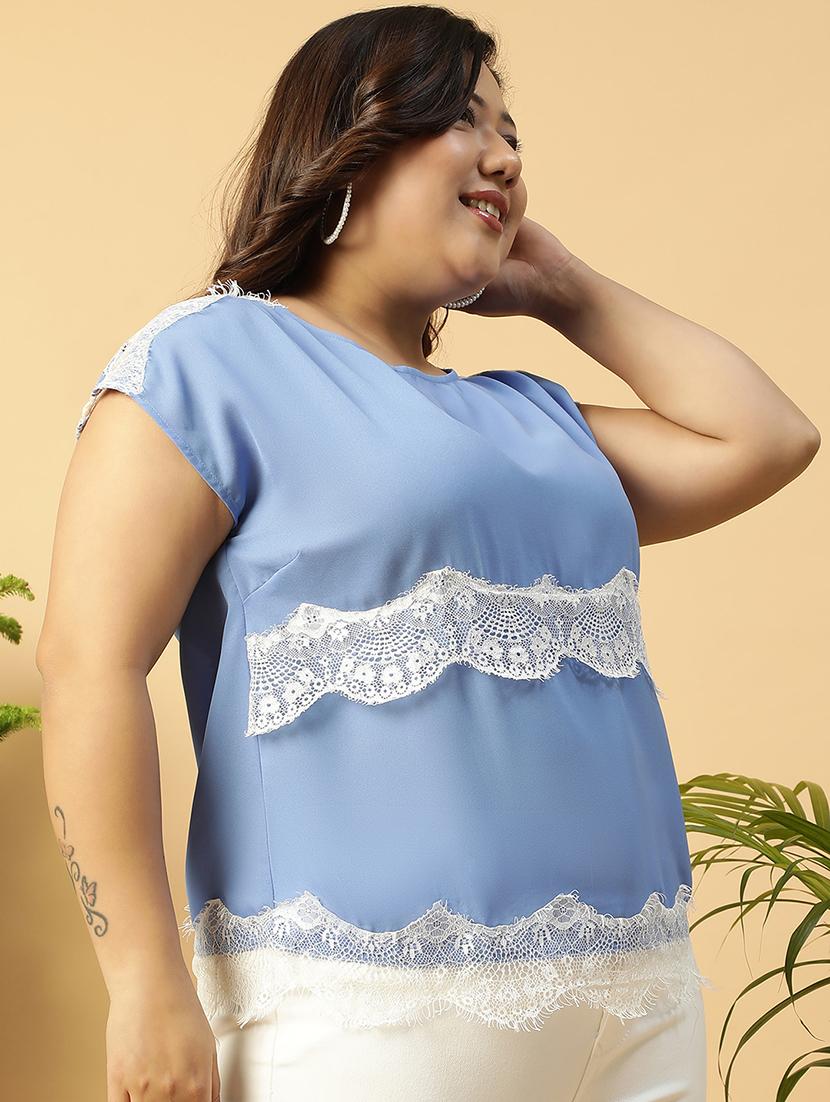 women light blue solid round neck plus size top - 21705453 -  Standard Image - 1