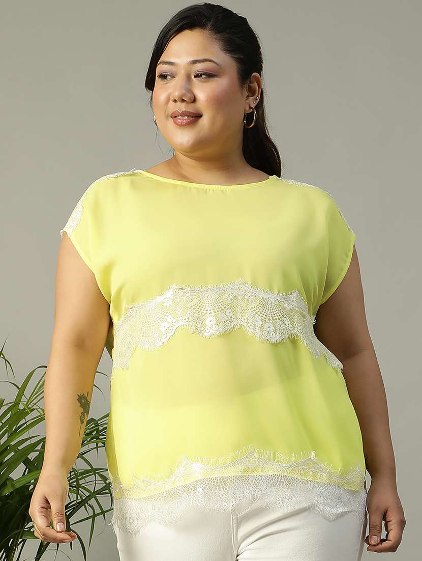 women yellow solid round neck plus size top
