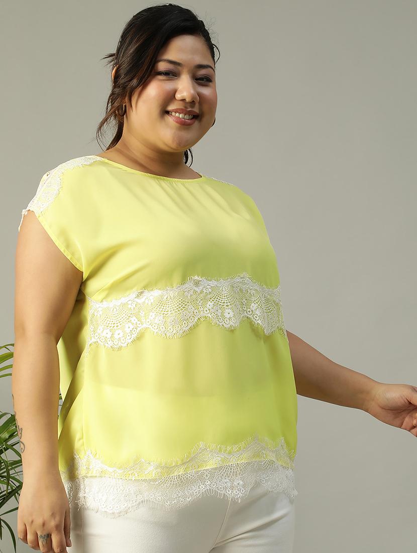 women yellow solid round neck plus size top - 21705454 - Standard Image - 1
