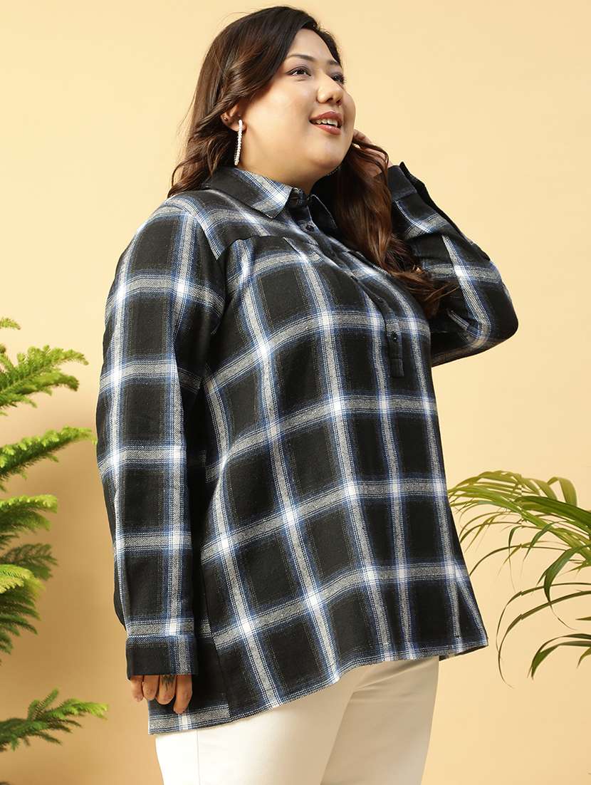 Women Black Checks Long Sleeve Plus Size Top - 21705458 -  Standard Image - 1