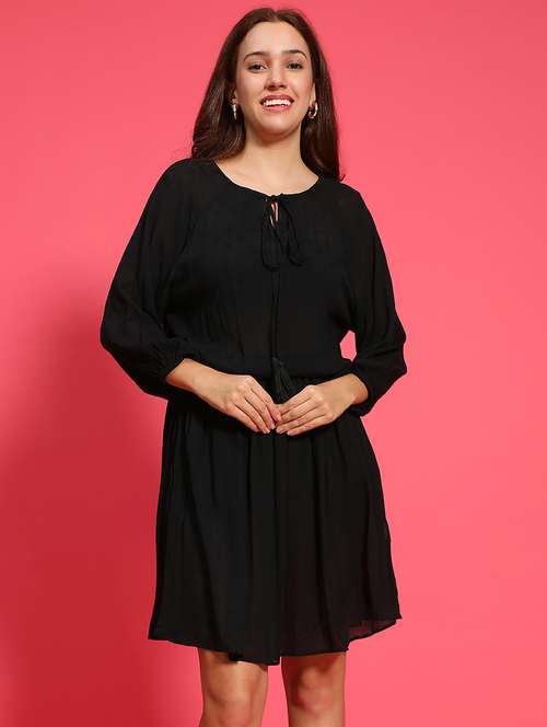 women solid tie up neck fit & flare dress - 21705515 - Standard Image - 0